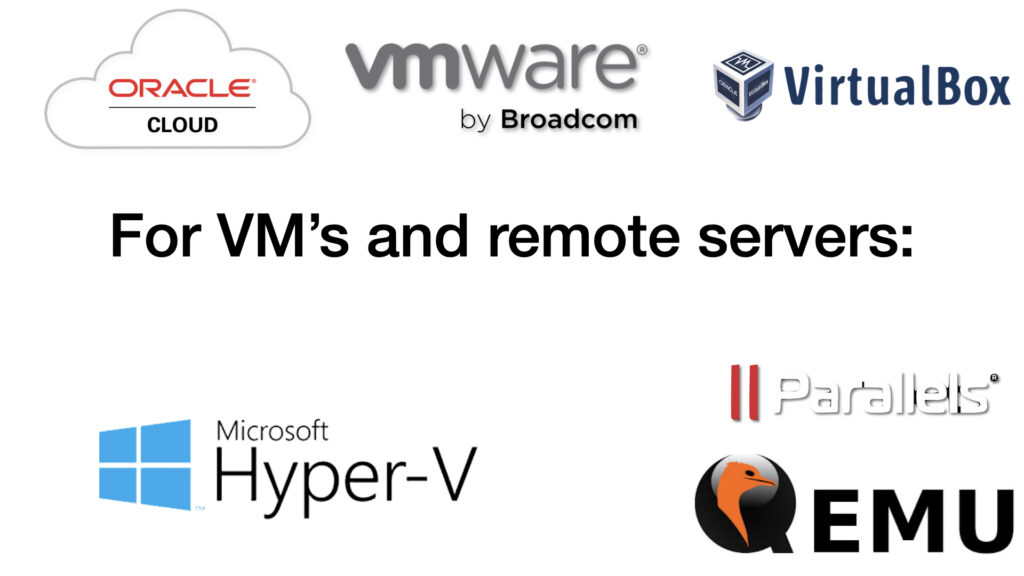 Trabajamos con VMWare Fusion, Workstation and ESXi, Virtualbox, Qemu, Proxmox, Parallels, UTM y Hyper-V.